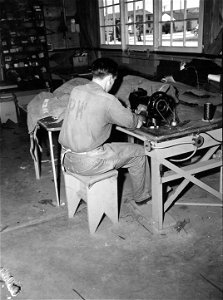 SC 184887 - Shown working in the upholstery department of the Ordnance Command Shop #5 is one of the German war prisoners interned at Camp Wallace, Texas. 1943.