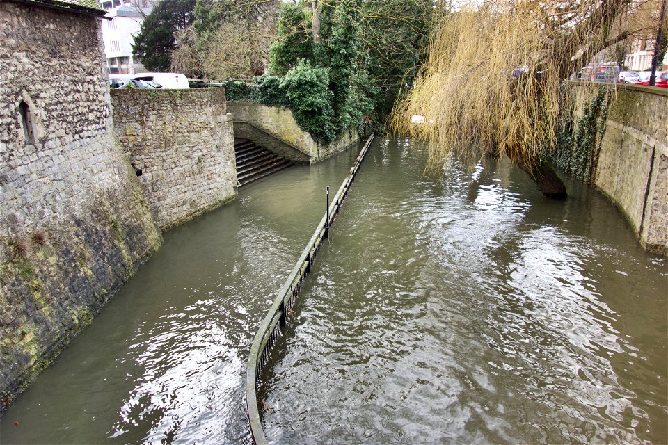 Flooded River Len Maidstone. The area to the left of the railing is footpath