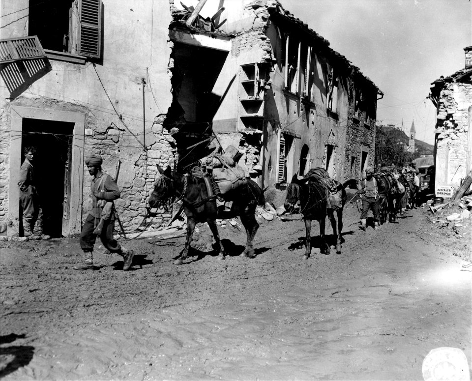 SC 196078 - Pack mule train of 26th Indian Mule Co. with British 13th Corps, moving through town of Marradi.