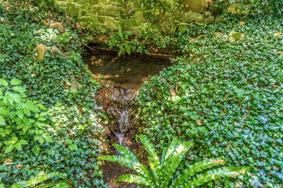 Remains of Boxley Abbey Church. Now a walled garden with a stream running through the middle. Trees growing in the walls.