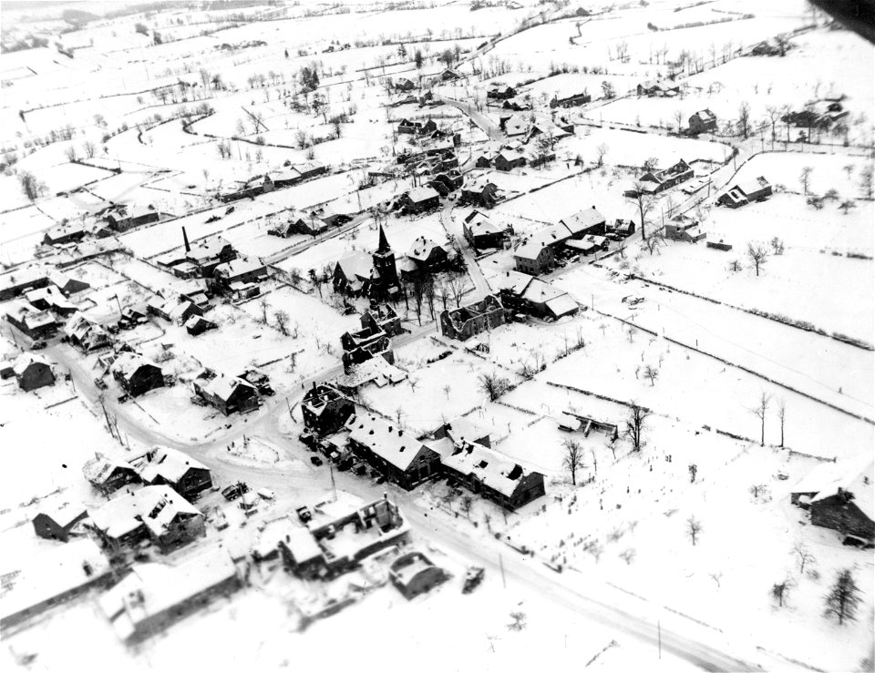 SC 329983 - Aerial view of the Belgian town of Faymonville after heavy Allied shelling. 23 January, 1945.