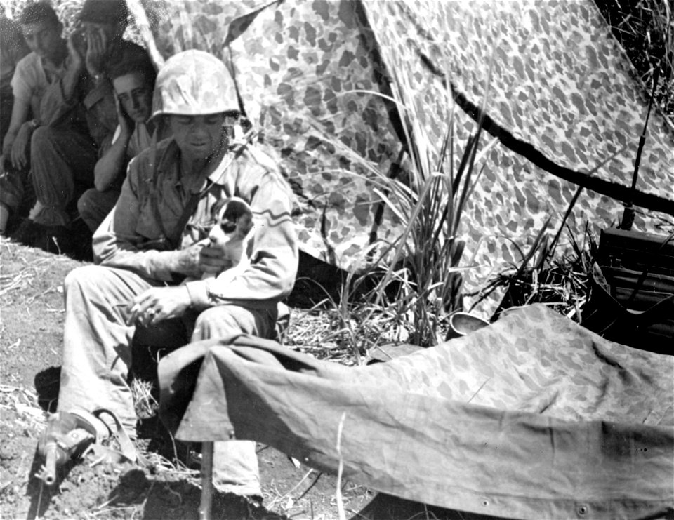 General's son: Lt. Col. A. A. Vandegrift, son of Marine Corps Commandant, relaxes at the frontlines after a skirmish with the Japs. Saipan. June, 1944.
