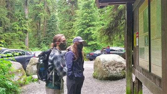 Looking at Lake Twenty-Two trailhead information, Mt. Baker-Snoqualmie National Forest. Video by Holly Snarr July 17, 2020 photo