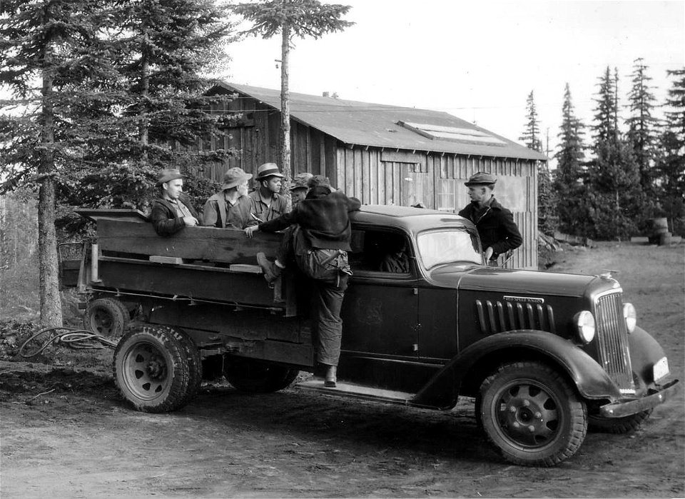 Civilian Conservation Corps (CCC) enrollees from Company 602, from Chicago, at the Twin Buttes CCC camp (F-38), present-day Tillicum Campground, Gifford Pinchot National Forest-USDA Forest Service photo.