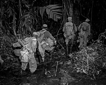 SC 196151 - En route to Hill 165, members of 93rd Div. struggle through some clinging mud along the East-West trail on an island in the South Pacific. photo