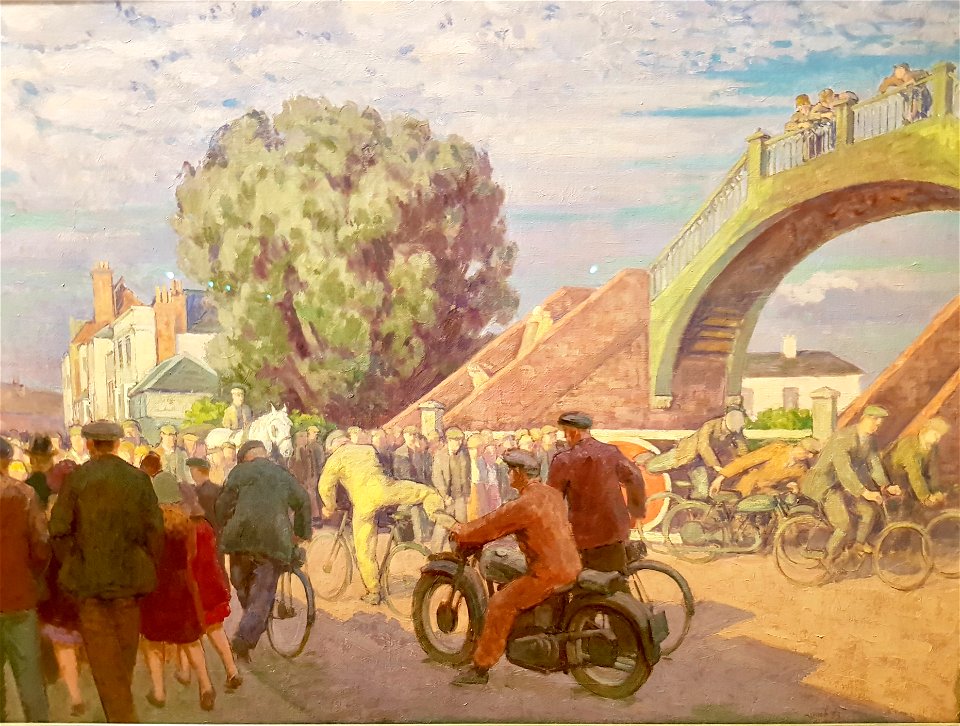 Photos of Paintings by Henry Lamb currently on display in Poole Museum. This is Poole High Street and the railway level crossing with pedestrian bridge. The bridge is still there today.