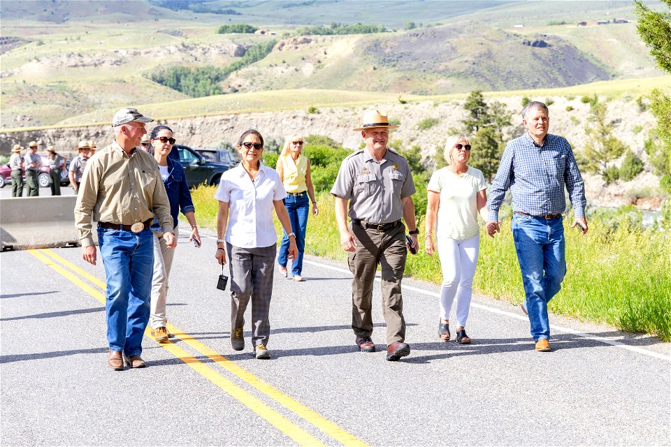 Yellowstone flood event 2022: Superintendent Cam Sholly gives a tour of the road damage near Rescue Creek Trailhead to Secretary Haaland, Assistant Secretary Estenoz, Montana Senator Daines, and Montana Governor Gianforte