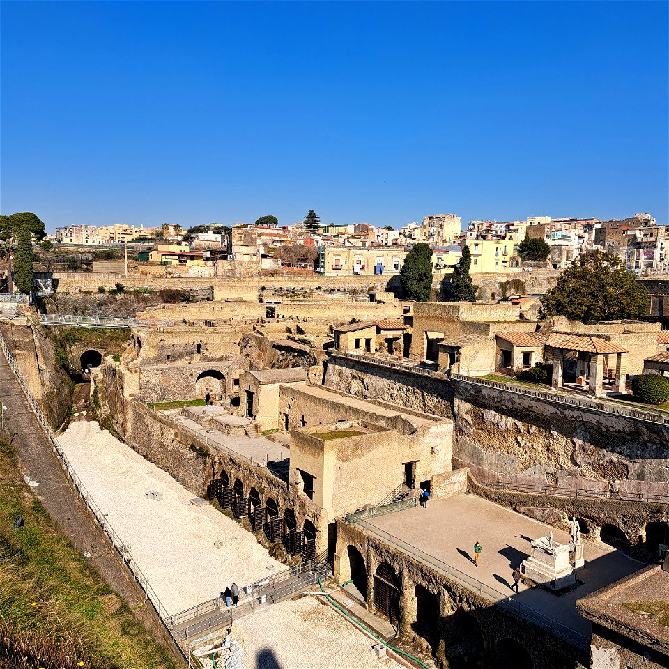 View Down at places where boats were stored and skeletons found  Herculaneum Italy