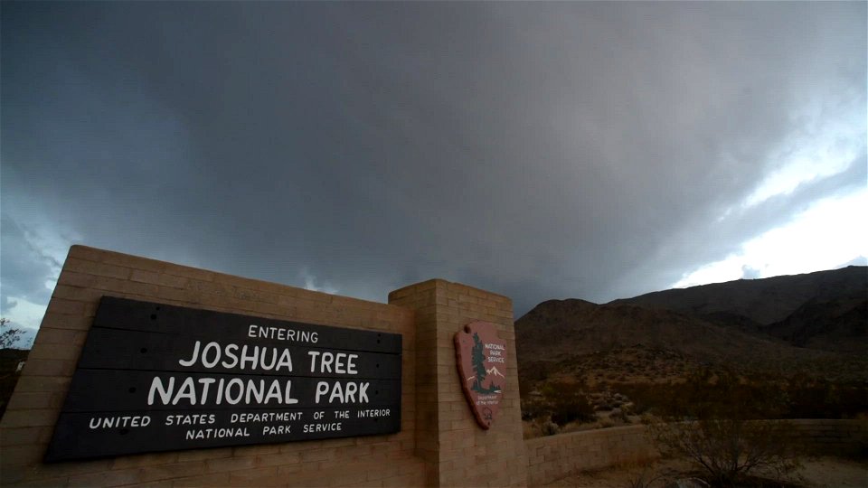 Lightning Flashes over the Joshua Tree National Park Entrance Sign photo