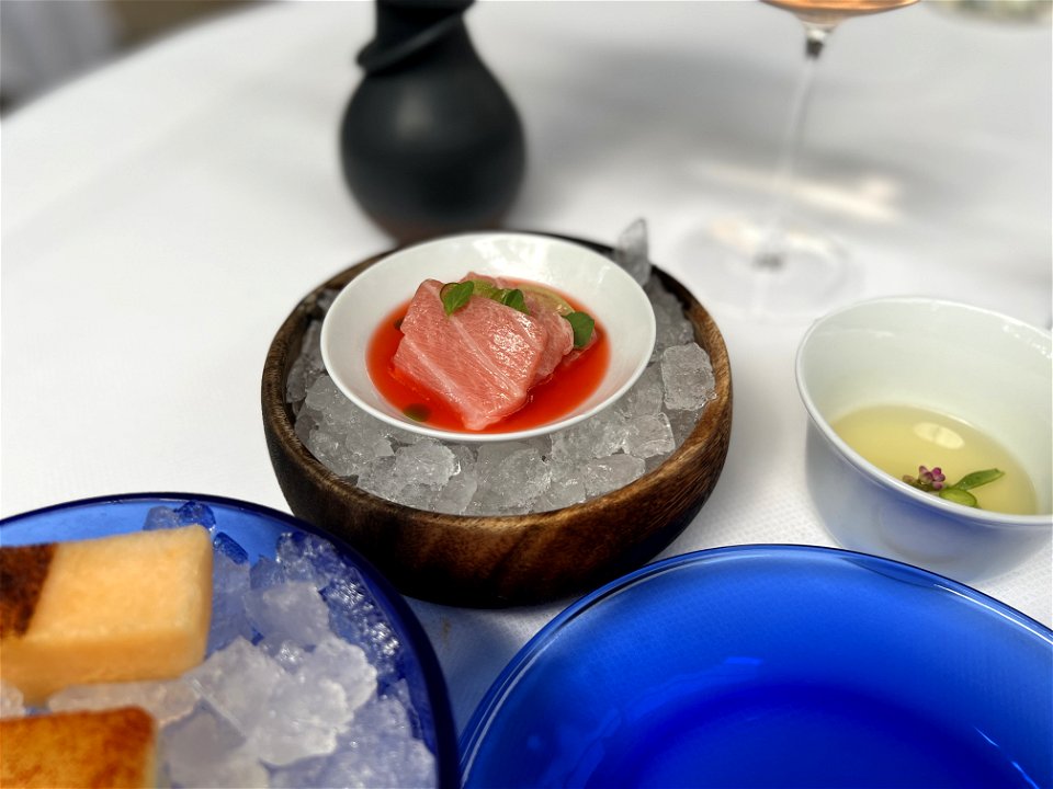 Ceviche. Sustainably Ranched Mexican Blue Fin Tuna with Tomatillo in a strawberry Aquachile