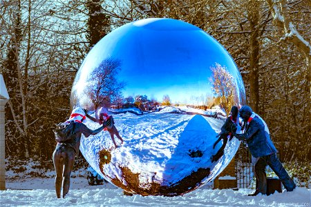 The Silver Ball Kings Hill. Reflective Silver Ball. (Snow Globe) Art Work Sculptures. photo