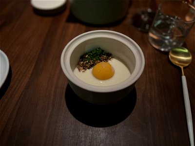 Slow Poached Egg Yolk, Smoked Dates, Alliums and Malt photo