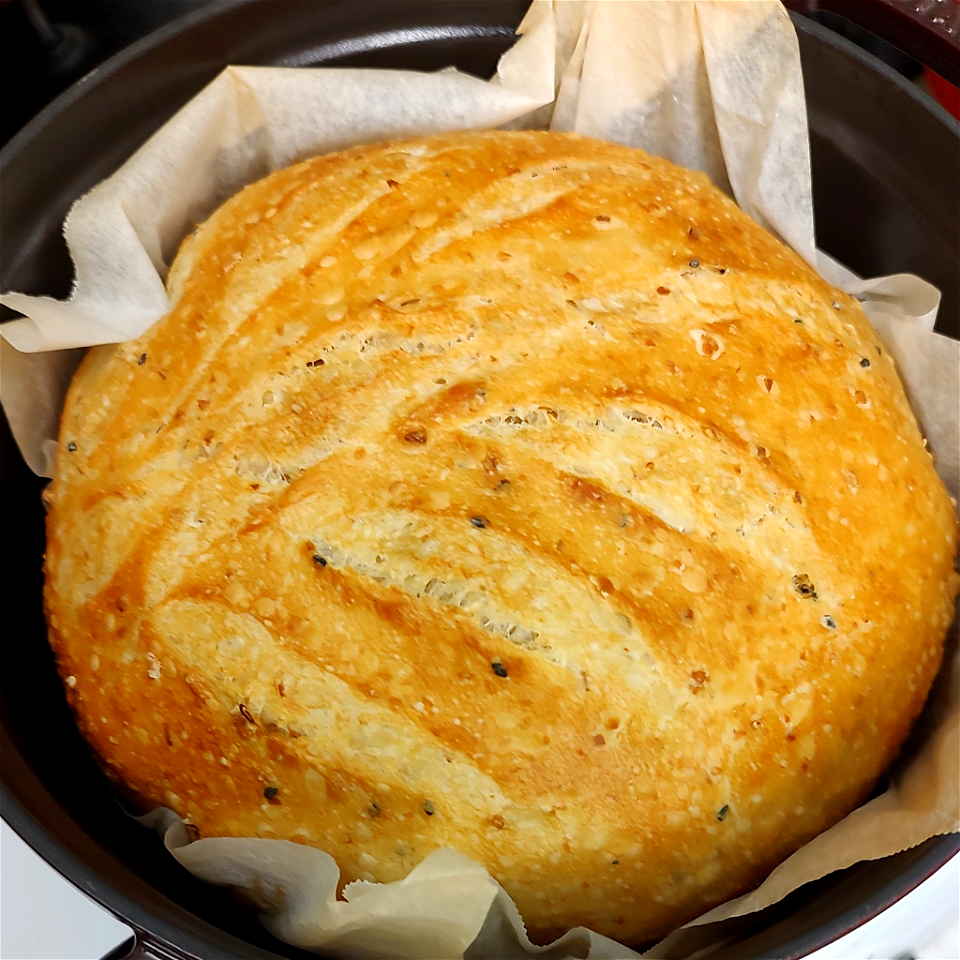Freshly baked sourdough bread in Dutch oven photo