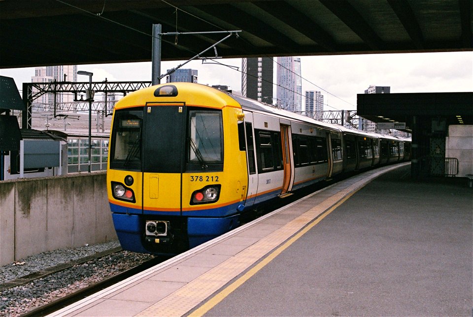 London Overground unit 378 212 at Stratford platform 2 about to depart for Richmond.