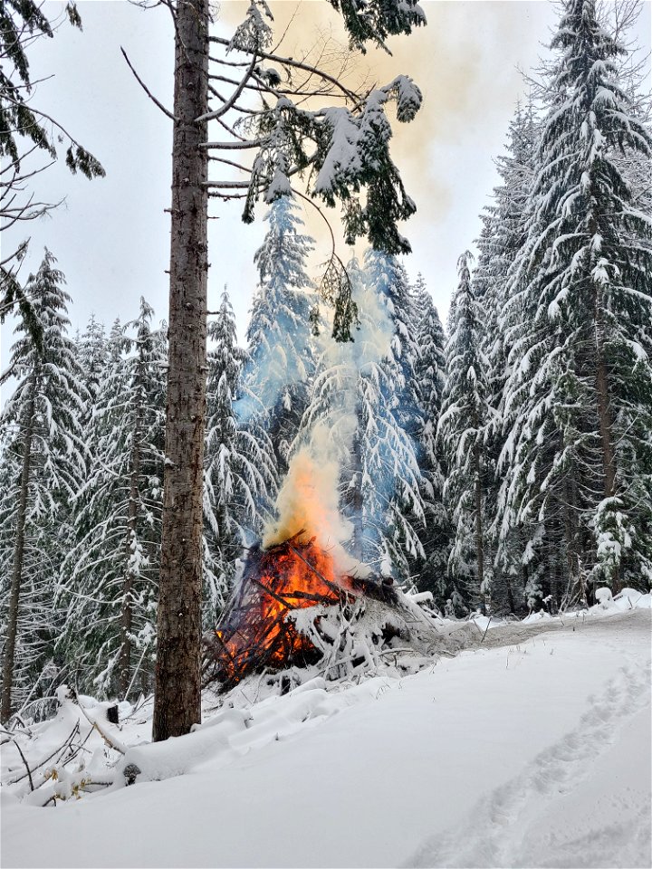 Pile burning on the Gifford Pinchot National Forest on Nove 30, 2022. Snowy conditions reduce the risk of fires escaping safety perimeters while still allowing burn objectives to be accomplished.
