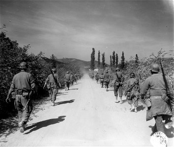 SC 270872 - Troops of the 2nd Bn., 86th Mtn. Inf., 10th Mtn. Div., move down dusty mountain road into the Po Valley. 19 April, 1945. photo