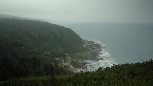 Panning Past the View of the Pacific Ocean from the Overlook at Cape Perpetua