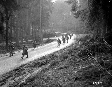 SC 270806 - Men of 13th Inf. Regt., 8th Div., U.S. Army, move along a road which winds its way through Hurtgen Forest, Germany. 9 December, 1944. photo