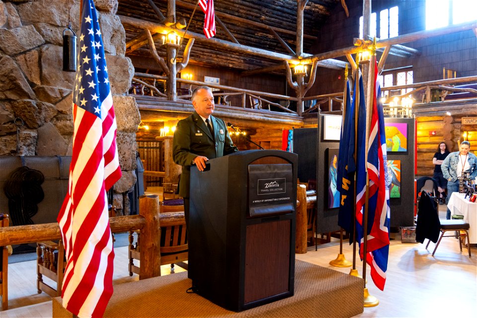 Yellowstone National Park Lodges 150 Years of Inspiration Event: Cam Sholly, Yellowstone Superintendent, speaks to the audience (2)