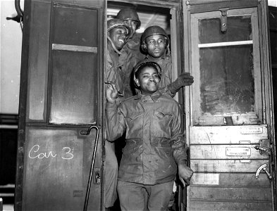 SC 364375 - Four of the more than 200 service troops in France who volunteered for combat service, many of them accepting reductions in grade from Sgt. and Cpl. to qualify for the new assignment.