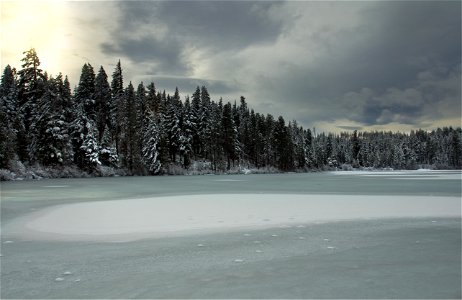 Frozen Lake and dark skies, Oregon Cascades