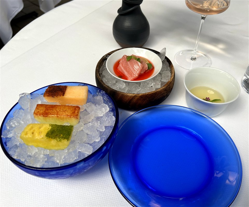Ceviche Course, Melons and Heirloom Tomato Water