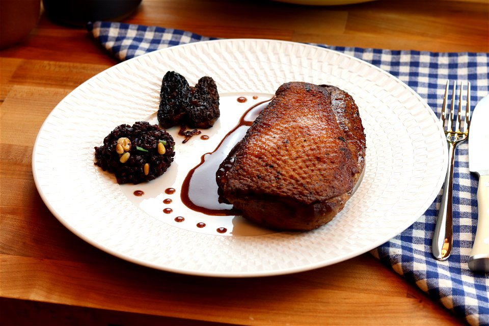 Sous Vide Duck Breast, Sautéed Morels, Syrah Reduction, Black Lime Rice photo