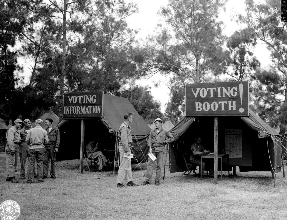SC 195510-S - Voting tents were conspicuously marked in HQ Co., 147th Inf., at its camp on New Caledonia.