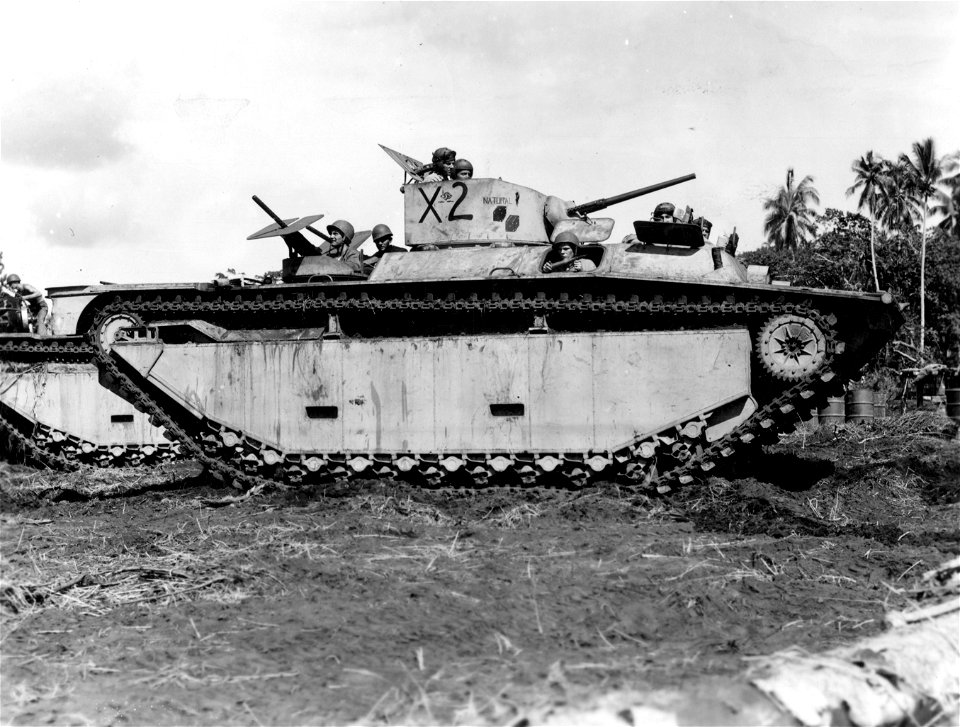 Amphibious tractor armed with two .50 calibre machine guns and a 37mm gun. Guadalcanal .3 March, 1944.