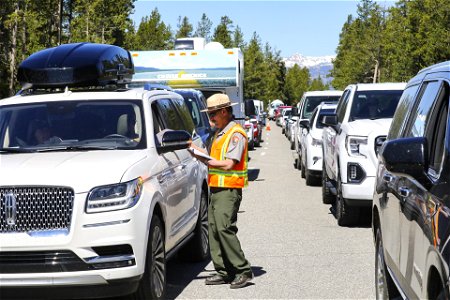 Yellowstone south loop reopens, West Entrance June 22, 2022: lines into West Yellowstone, MT (3) photo