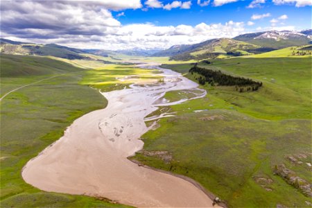 Yellowstone flood event 2022: Swollen Lamar River and Lamar Valley photo