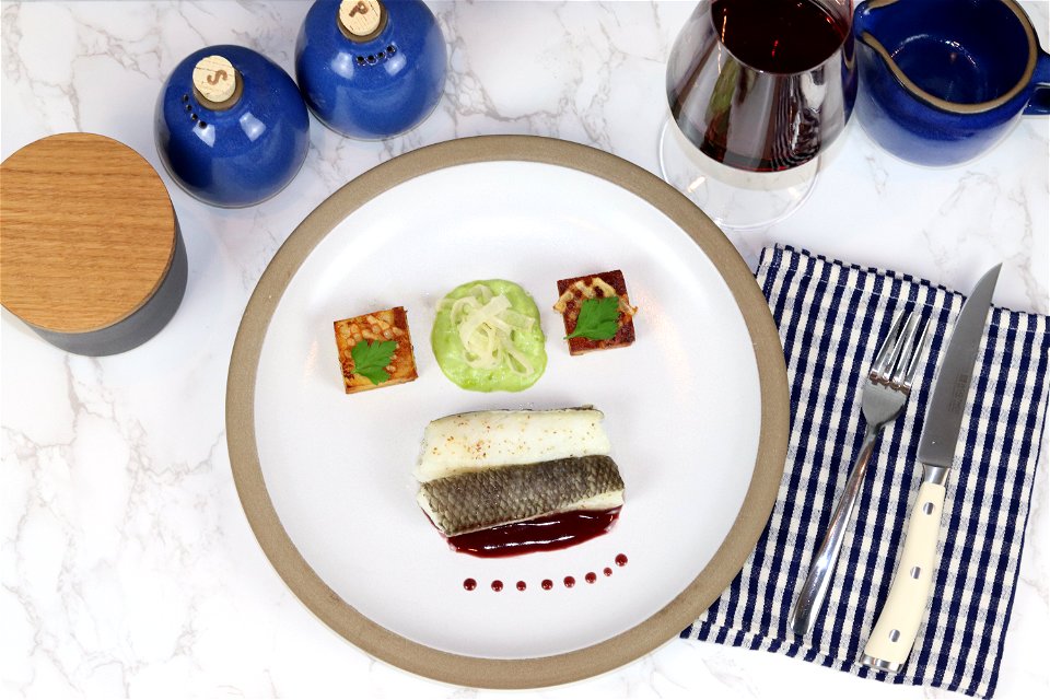 Daniel Boulud Slow Baked Sea Bass, Leek Royale, Sirah Reduction with Thomas Keller Potato Pave