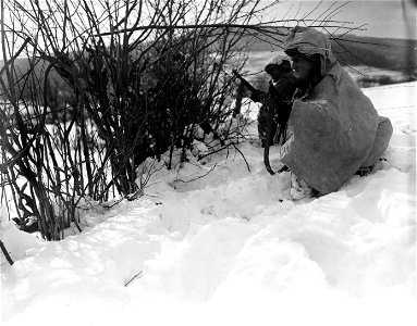 SC 270591 - Two members of Co. G, 38th Regiment, 2nd Infantry Division, U.S. First Army, Combat Patrol, crouch in the snow behind a bush near Ondenval, Belgium, as they size up the situation.