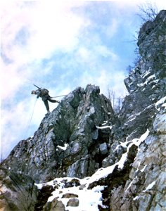 C-3161 - Pfc. Edward Tenney, Jr., of Gorham, N.H., "rappelling" down a cliff with the aid of ropes, so U.S. high-altitude fighters, now in training at Camp Hale, Colorado, learn to inch their way up and down cliffs... photo