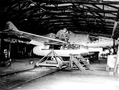 SC 196211 - One of a number of the ME262 Jet propelled German fighter planes abandoned in an assembly plant when units of the 63rd Inf Div. overran the sector before the factory could be destroyed.