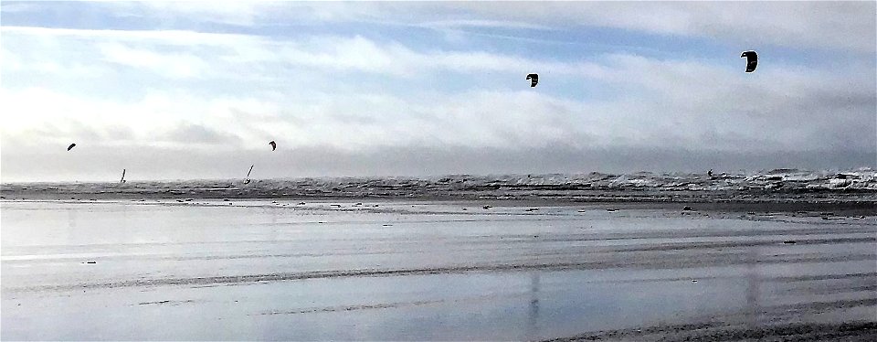 Kite Surfing, Kiteboarding  , Windsurfing , Saunton Sands Beach, Braunton, North Devon, UK  29th January 2022 (Apple Ipod Panoramic Photo)