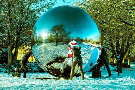 The Silver Ball Kings Hill. Reflective Silver Ball. (Snow Globe) Art Work Sculptures. photo