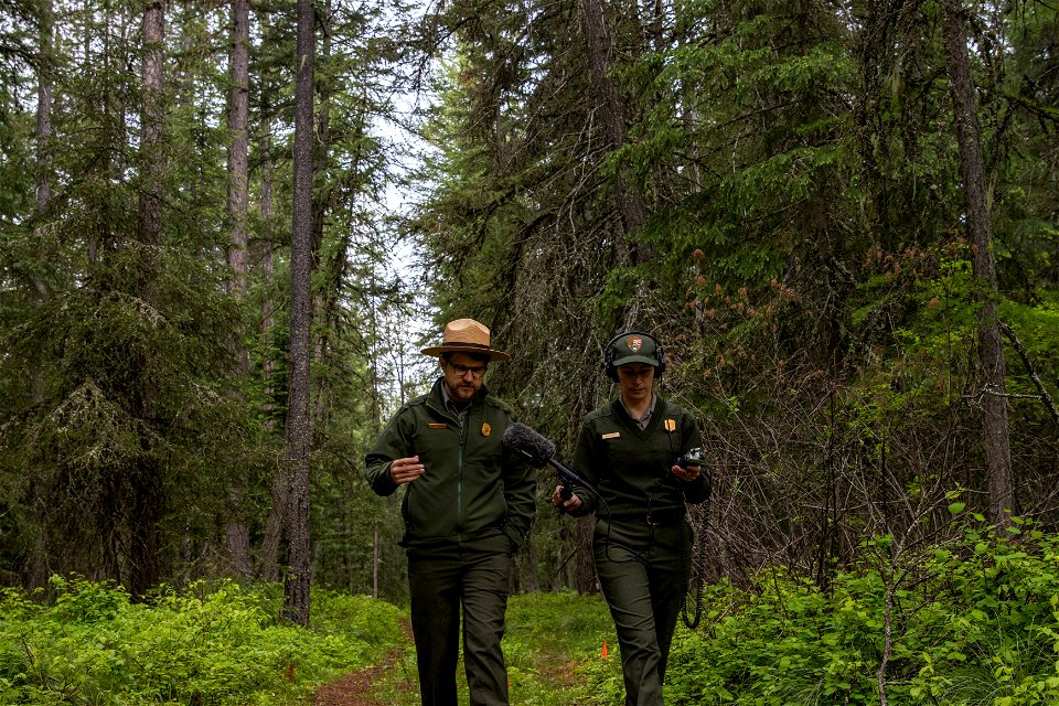 Rangers recording for Glacier's podcast, "Headwaters"