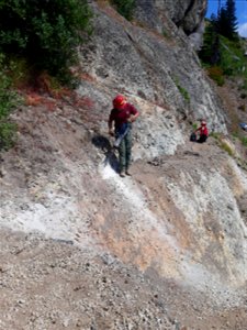 20220819-GP-Mount St Helens backcountry crew member Eric Allison and MSHI volunteer Gail Wyper use a electric breaker to improve trail along the Independence Pass trail.