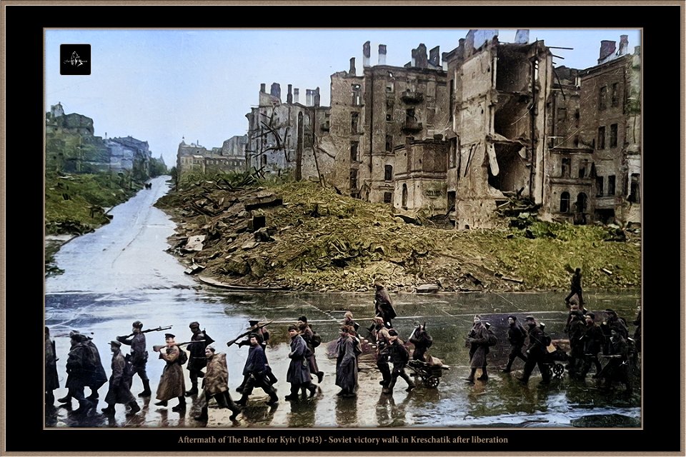 Aftermath of The Battle for Kyiv (1943) - Soviet victory walk in Kreschatik after liberation;