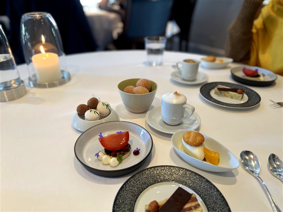 Desserts, Macarons, Cappuccino Semifreddo and Cinnamon Sugar Donuts "Coffee and Donuts"