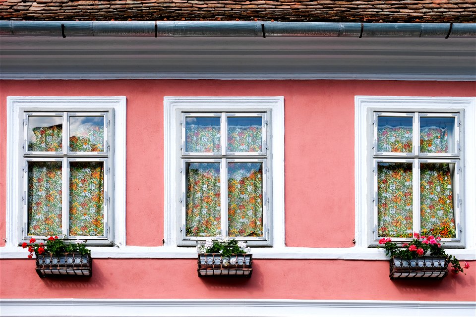 Three Windows of a Pink Building
