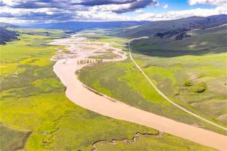 Yellowstone flood event 2022: swollen Lamar River and Lamar Valley photo