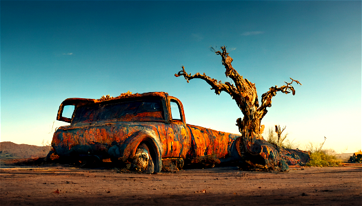 'The Old Rusting Hulk Near a Dead Tree in the Desert Cliche' photo