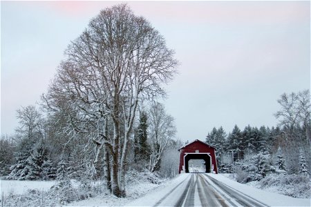 Shimanek covered bridge in winter, Oregon photo