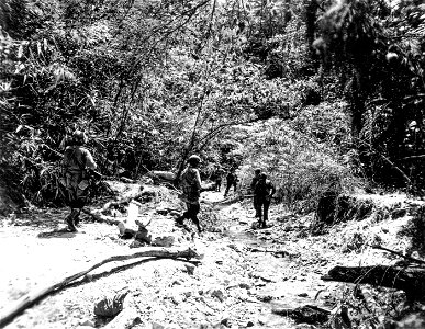 SC 270892 - Patrol of the 3rd Bn., 161st RCT, 25th Inf. Div., goes up a creek bed in the Luzon mountains near Digdig. 12 March, 1945. photo