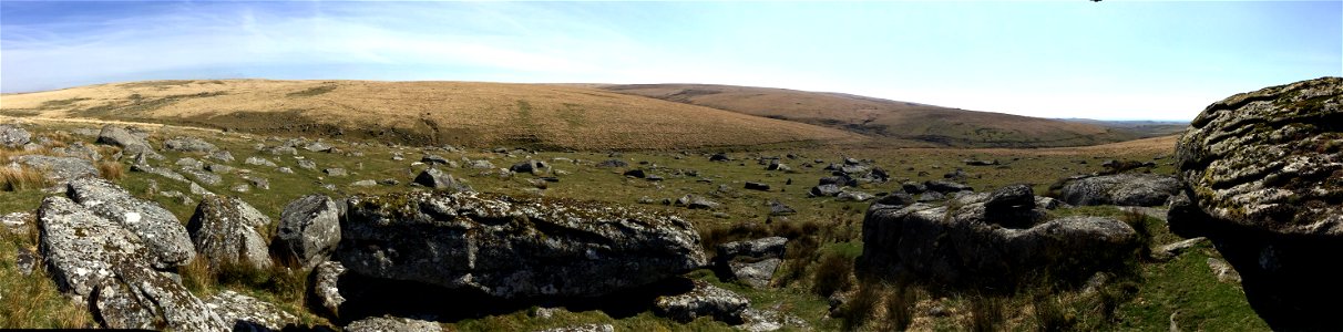 Lower Hartor Tor, Plym Steps, Evil Combe, Dartmoor National Park, Devon, UK. 16th April 2022 (Apple Ipod Panoramic Photo)