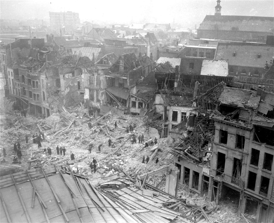 SC 329956 - Long shot showing damage caused when German V-2 landed at Lombaard Vest and Randstraat, in Antwerp, Belgium. 29 December, 1944.