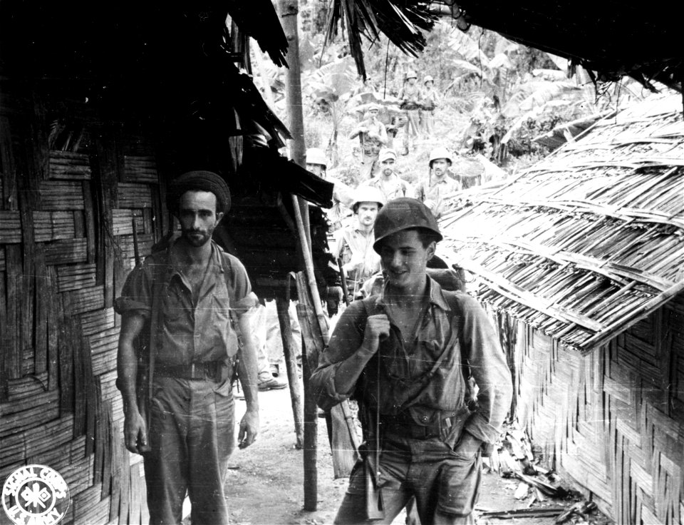 SC 374820 - An American patrol passes through a native village on an island somewhere in the Southwest Pacific war zone.