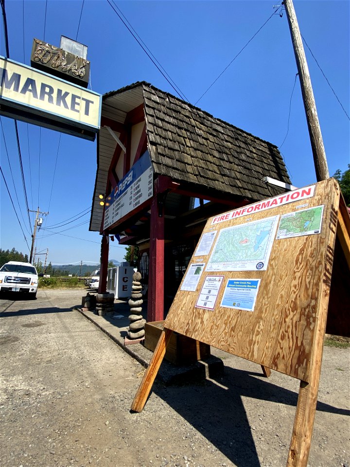 Fire Information Board at Dink's Market in Oakridge, Oregon.